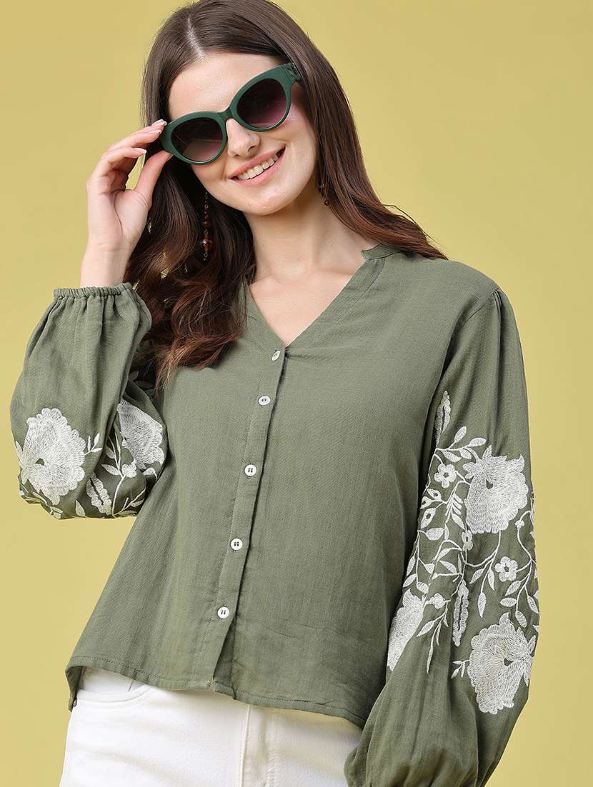 women embroidered long sleeves shirt style top