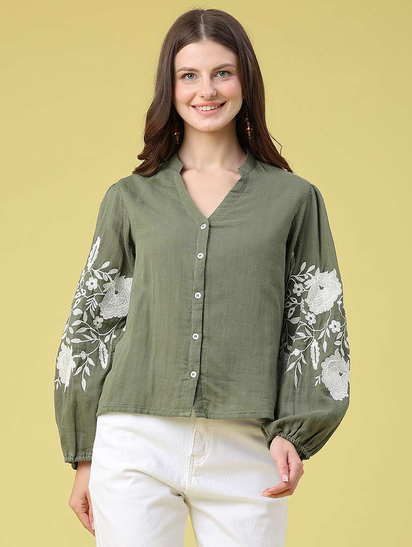 women embroidered long sleeves shirt style top - 22382074 -  Standard Image - 2