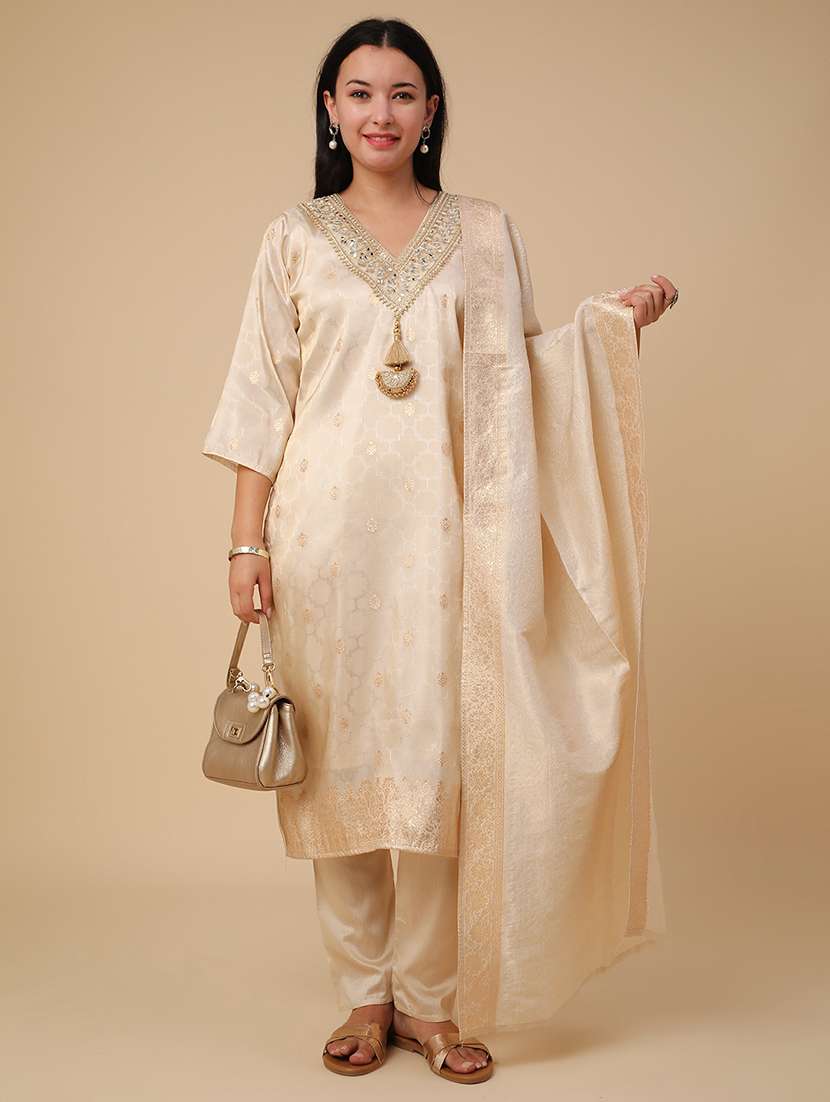 beige jacquard kurta pant  set