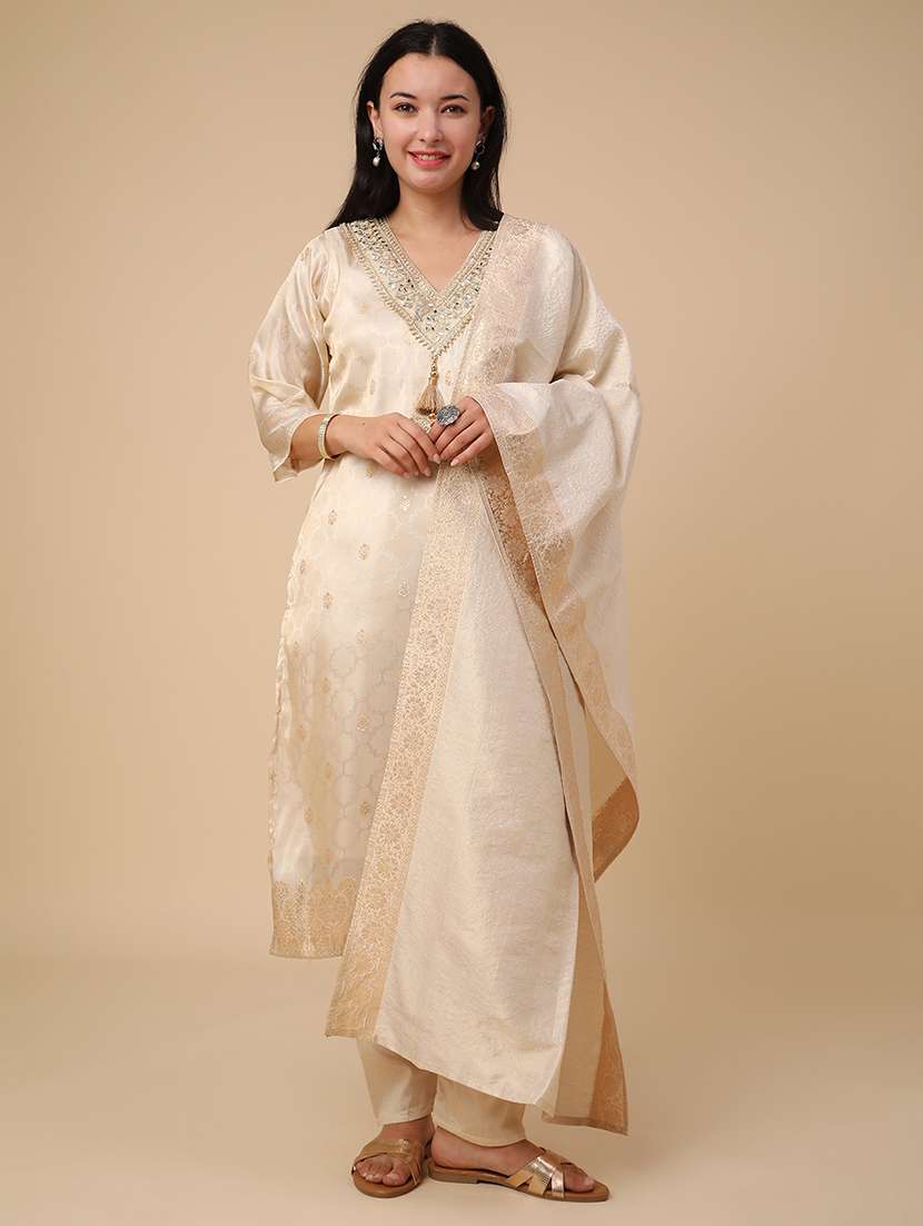 beige jacquard kurta pant  set - 22382143 -  Standard Image - 2