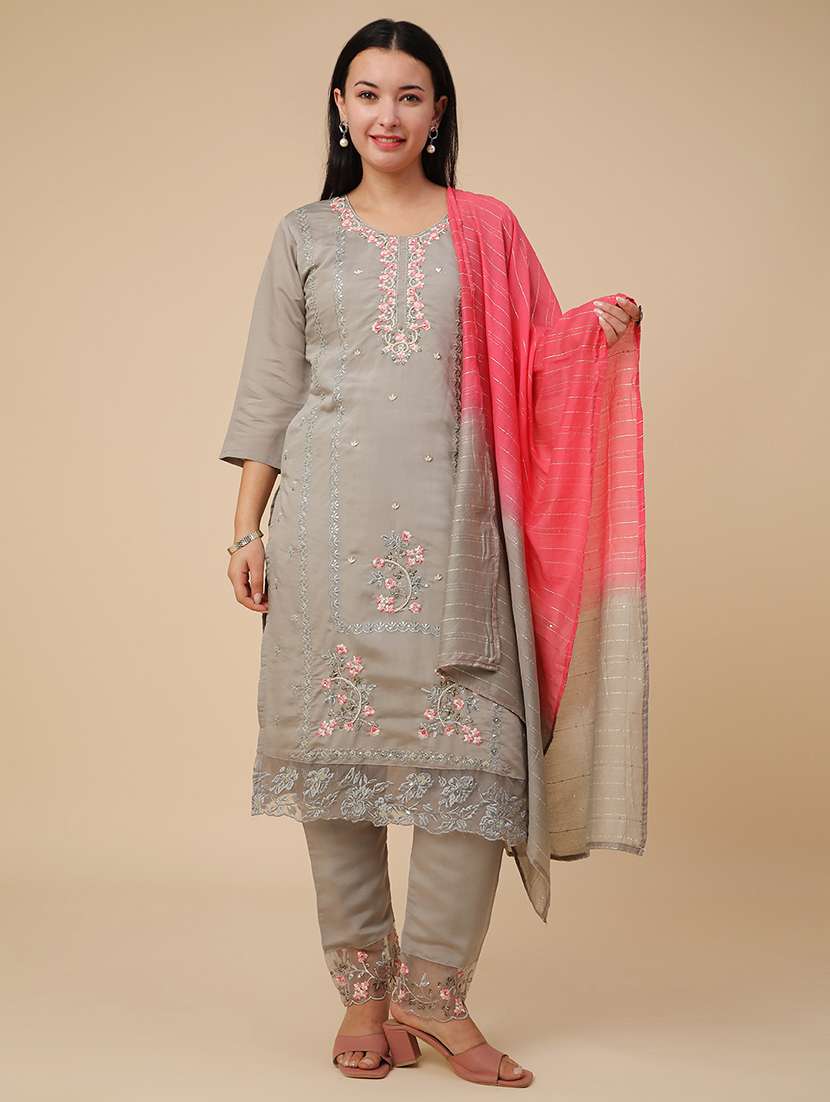 Grey Cotton Kurta Dupatta Set - 22382144 -  Standard Image - 2