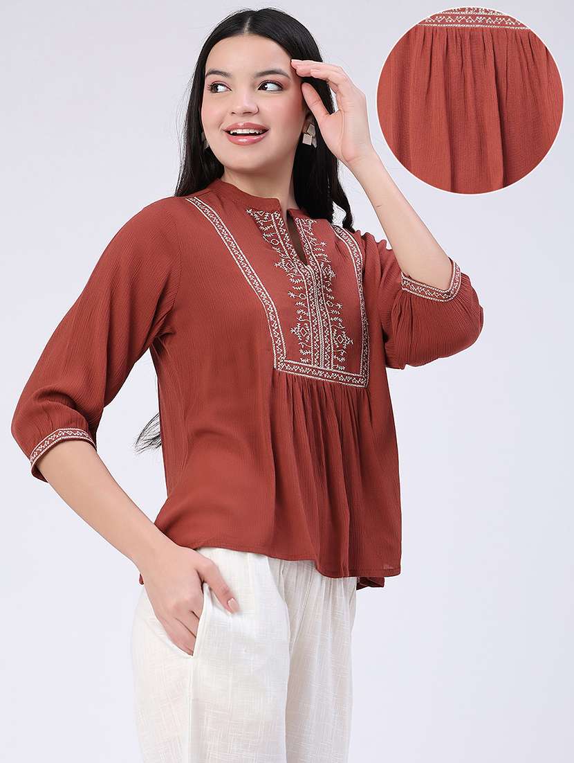 Women Embroidered Three Quarter Sleeves Regular Top - 22382181 -  Standard Image - 2