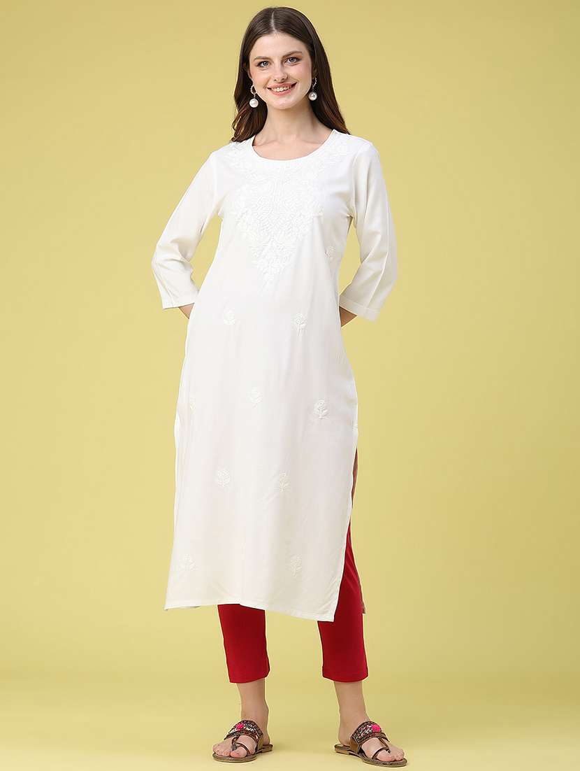 women embroidered three quarter sleeves straight kurta - 22382196 -  Standard Image - 2