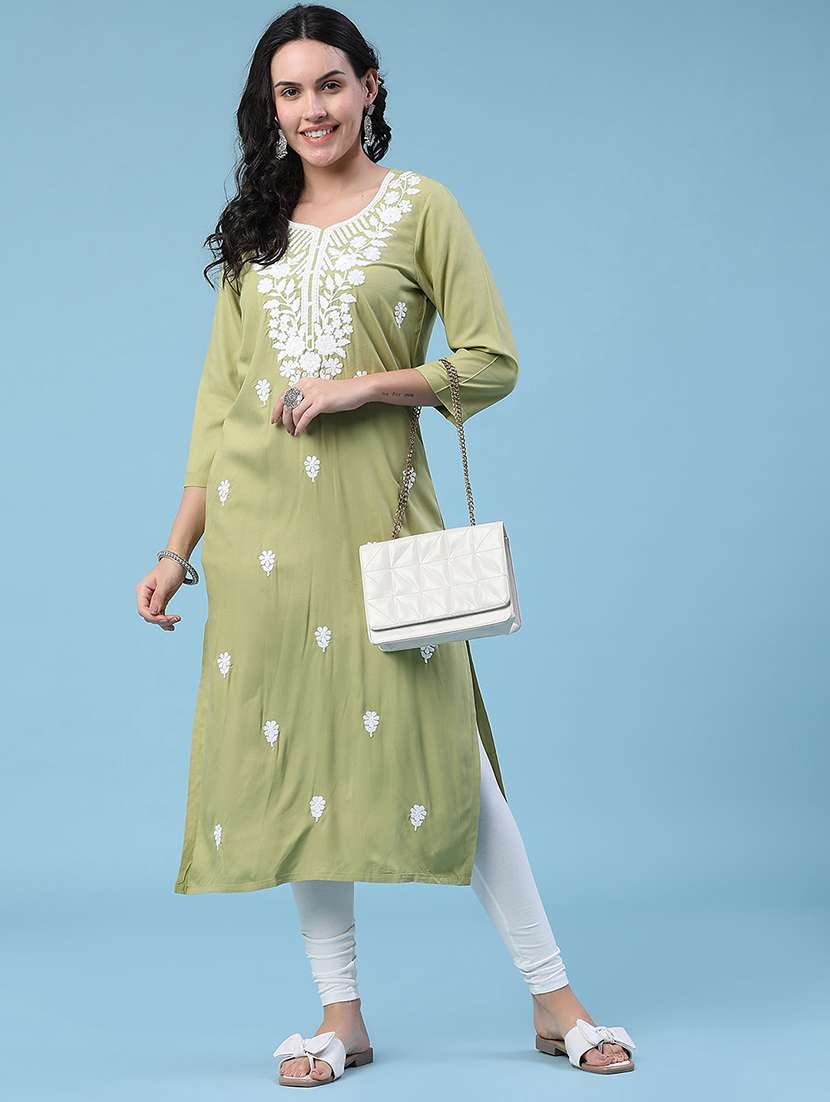 women embroidered three quarter sleeves straight kurta