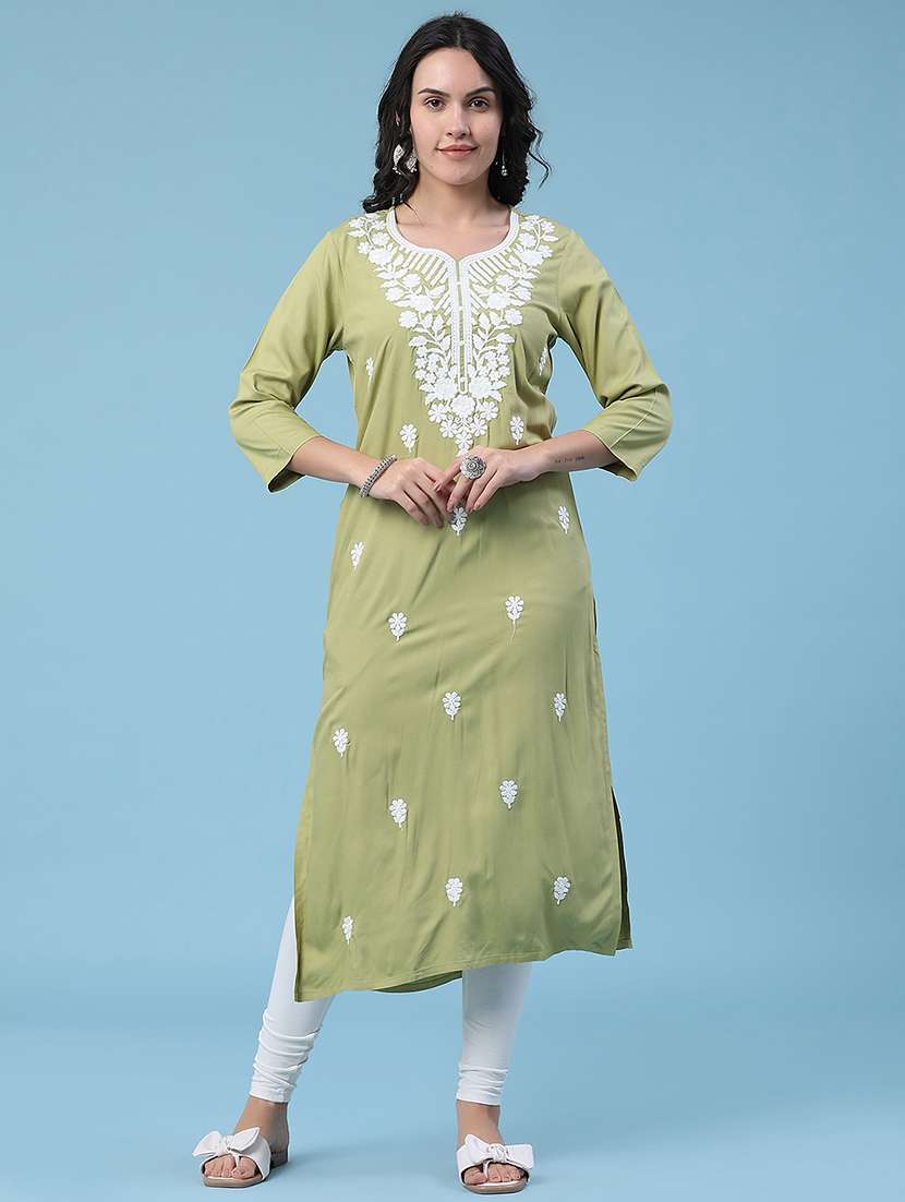 women embroidered three quarter sleeves straight kurta - 22382197 -  Standard Image - 2