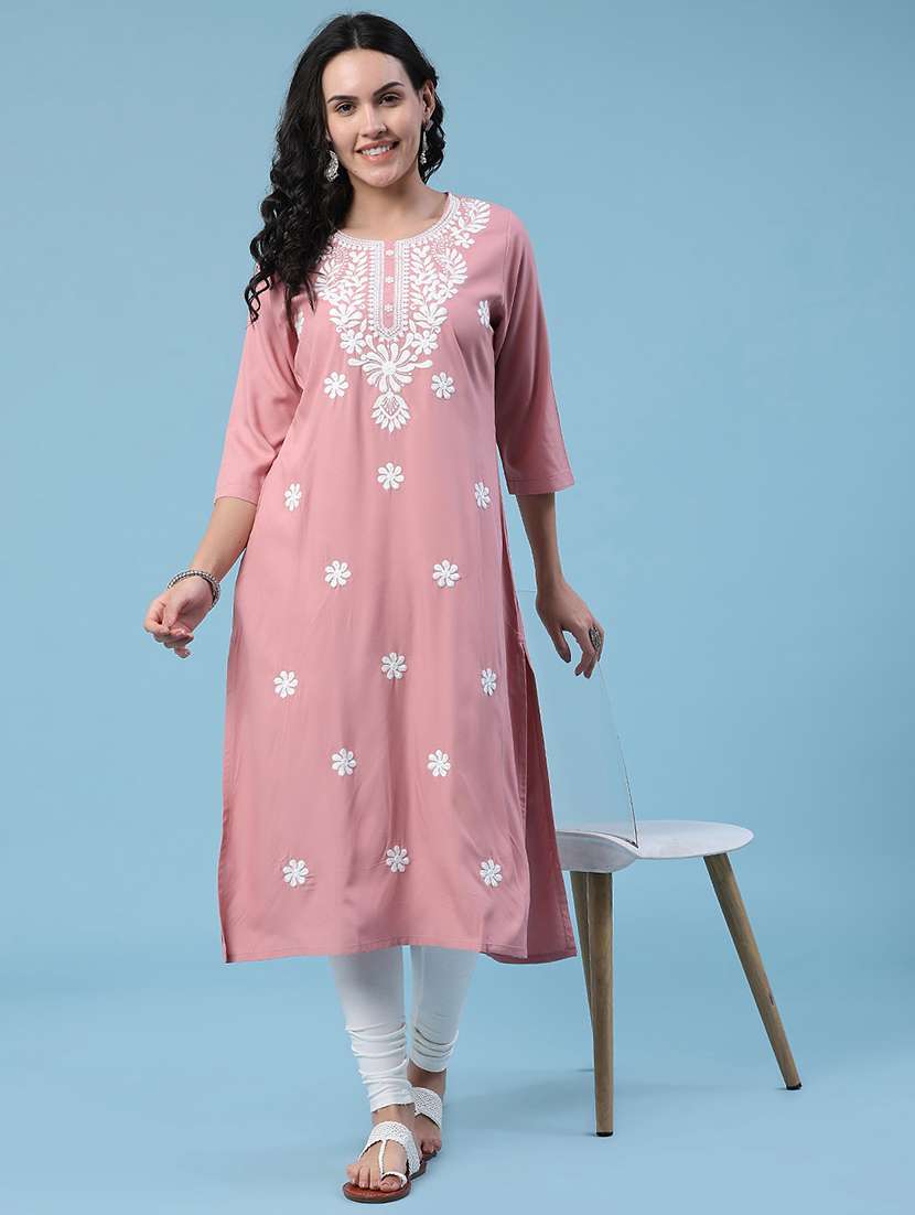 women embroidered three quarter sleeves straight kurta