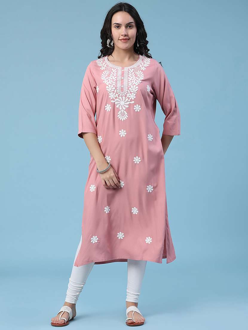 women embroidered three quarter sleeves straight kurta - 22382198 -  Standard Image - 2