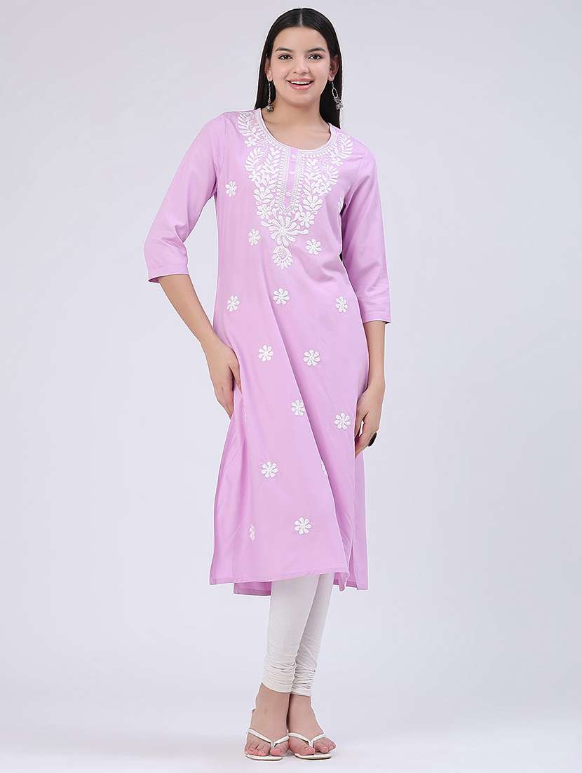 women embroidered three quarter sleeves straight kurta - 22382199 -  Standard Image - 2