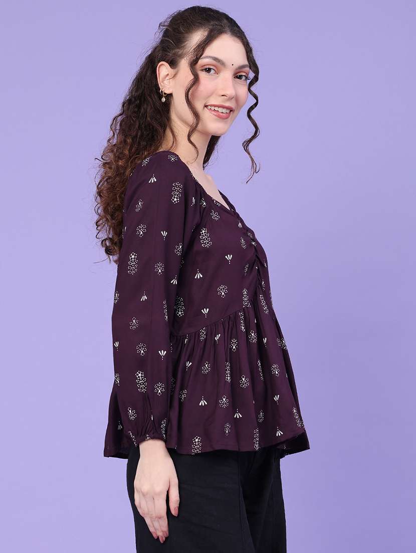 printed v neck long sleeve peplum top - 22382269 -  Standard Image - 2