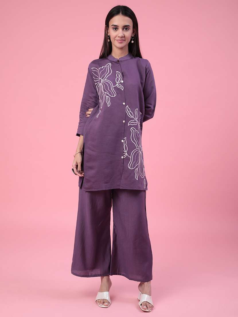 Women Solid With Work Three Quarter Sleeve Ethnic Co-ord Set - 22382295 -  Standard Image - 2