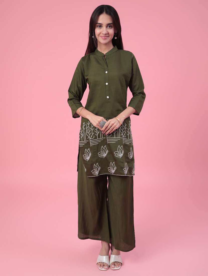 women solid with work three quarter sleeve ethnic co-ord set - 22382300 -  Standard Image - 2