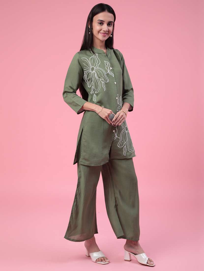 women solid with work three quarter sleeve ethnic co-ord set - 22382301 -  Standard Image - 2