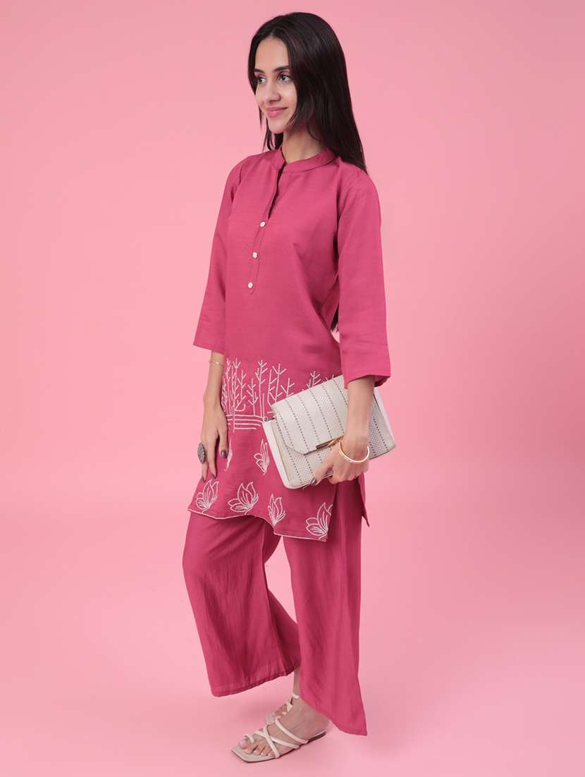 Women Solid With Work Three Quarter Sleeve Ethnic Co-ord Set - 22382305 -  Standard Image - 2