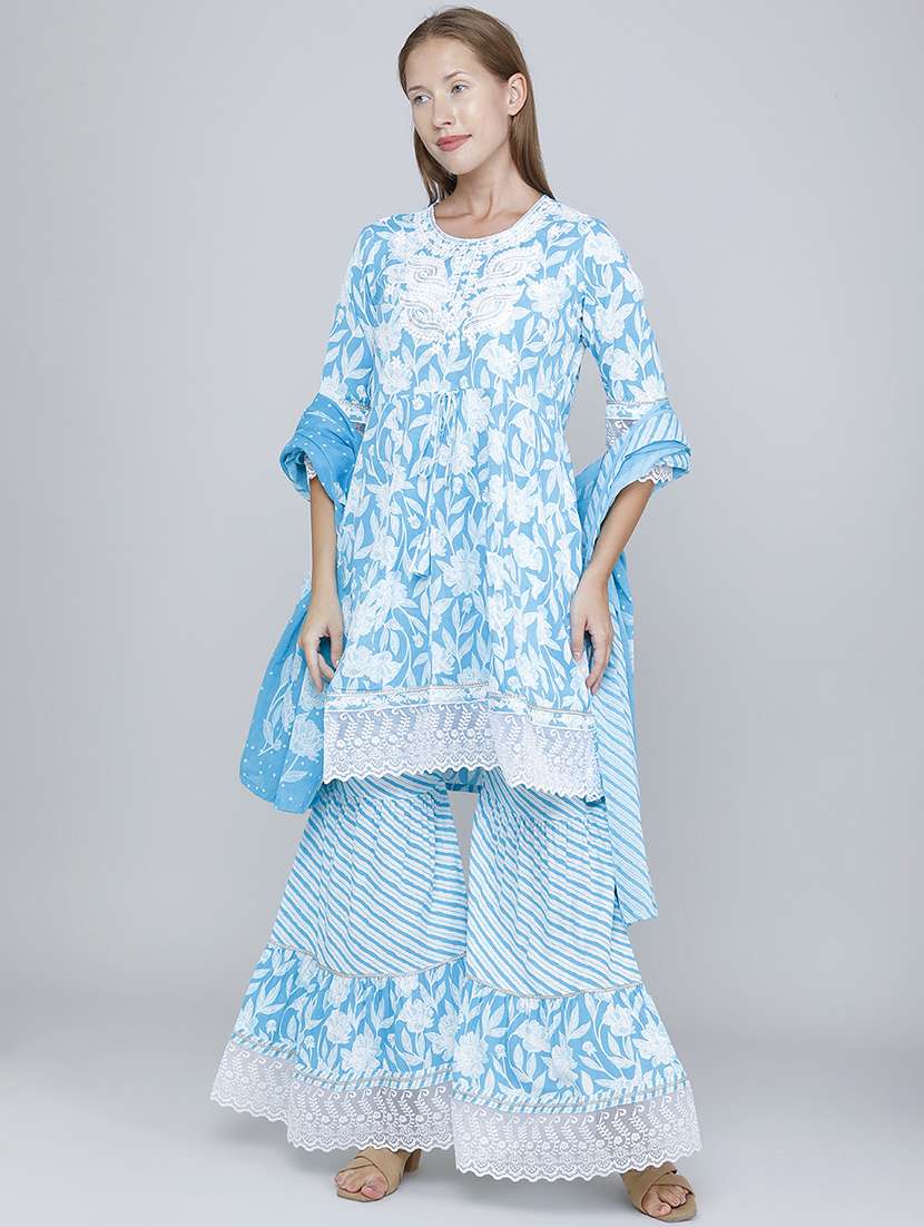 women printed three quarter sleeve kurta sharara with dupatta set