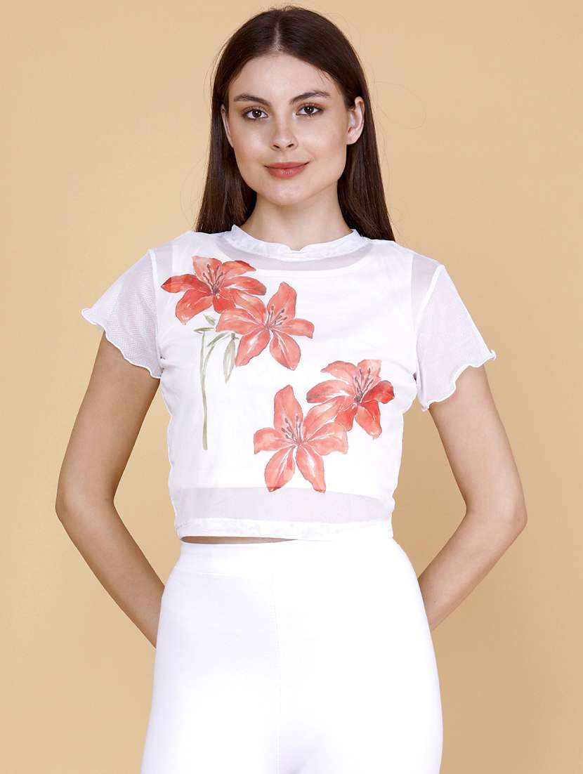 women floral printed short sleeves crop top - 22382489 -  Standard Image - 2