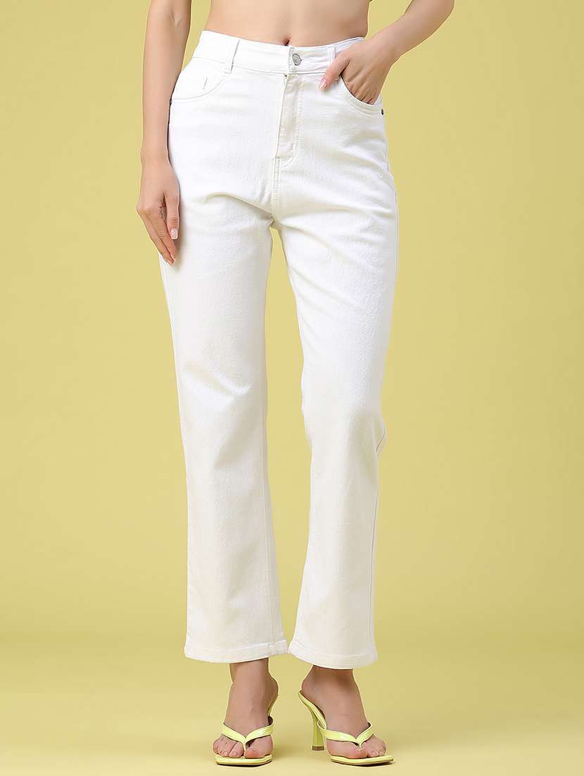 women solid mid rise straight fit jeans