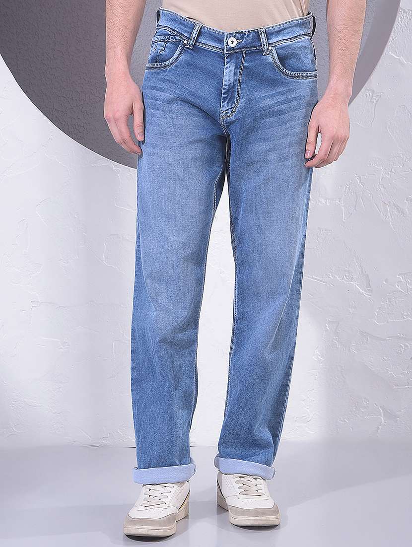 men washed mid rise full length jeans