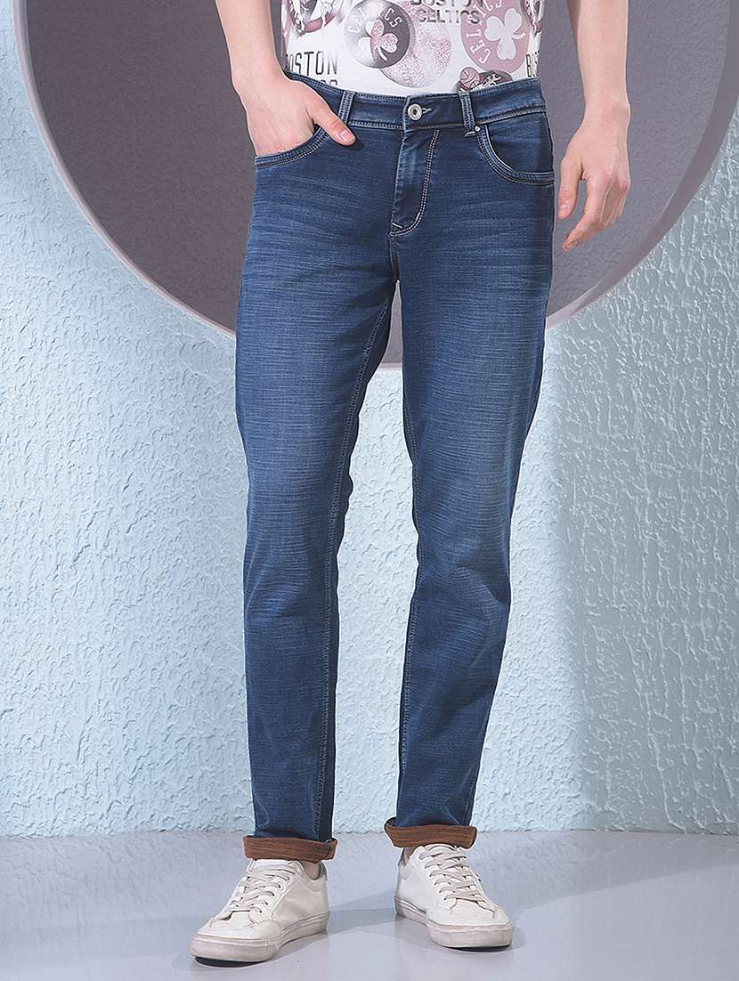 men washed mid rise full length jeans