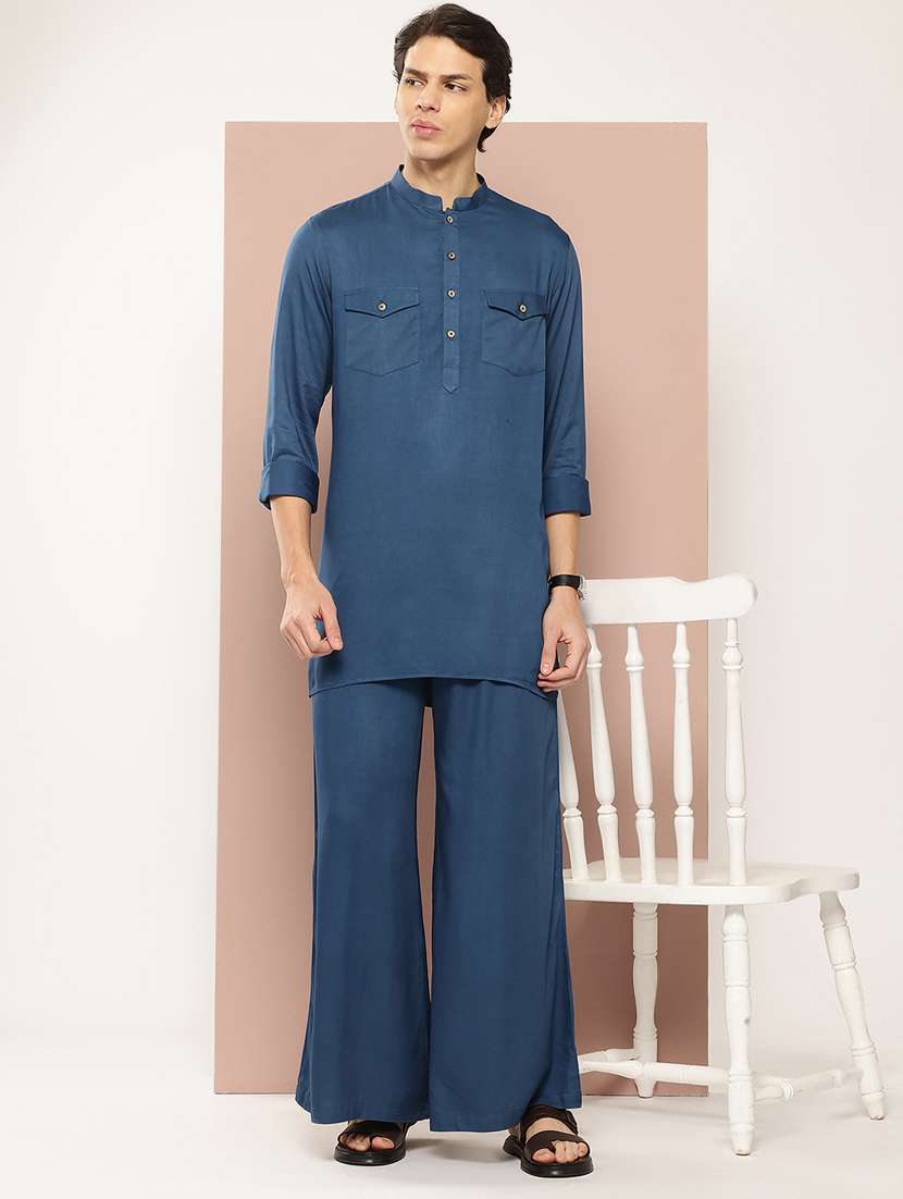 men solid long sleeve pathani ethnic wear set
