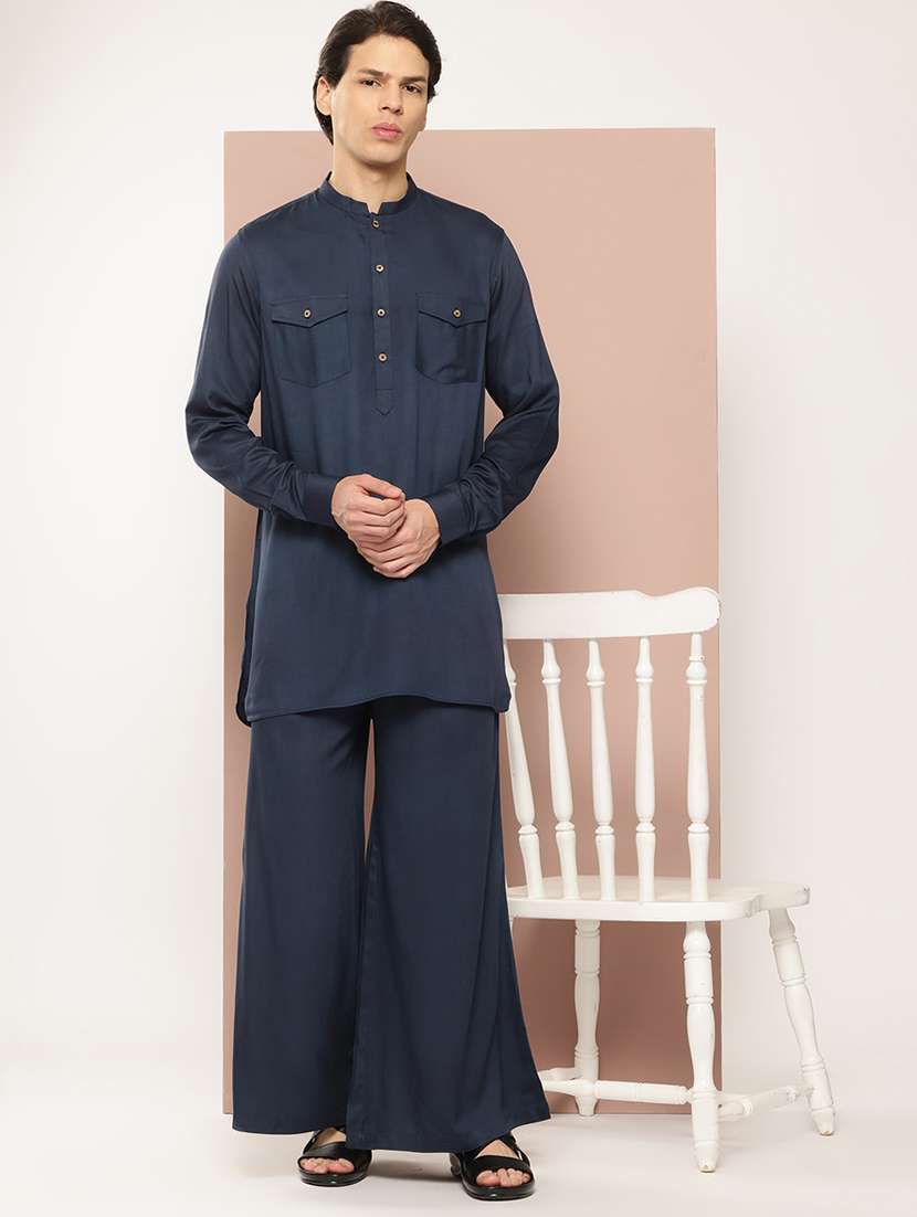 men solid long sleeve pathani ethnic wear set