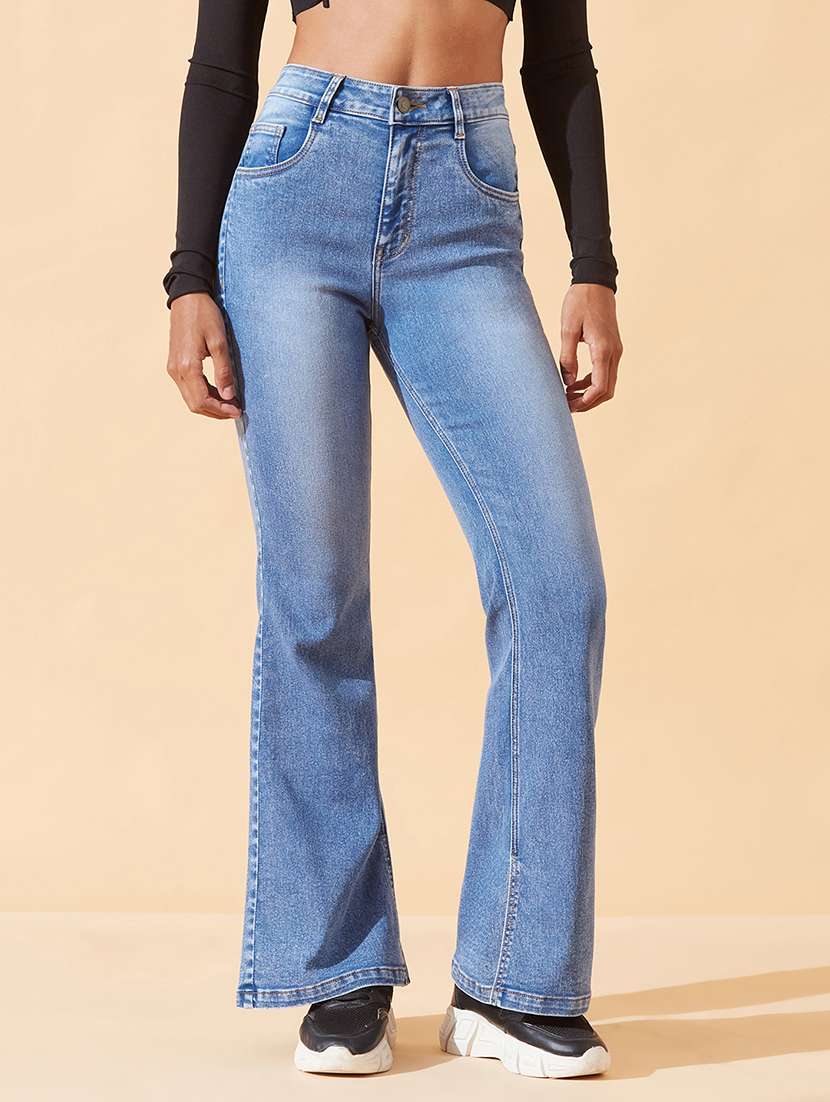 women solid high rise bootcut jeans