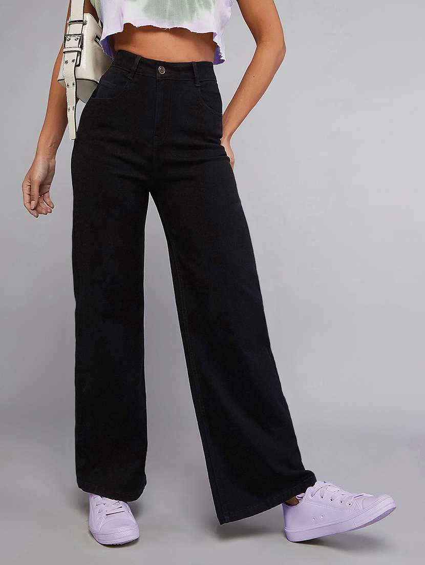 women solid high rise wide leg jeans