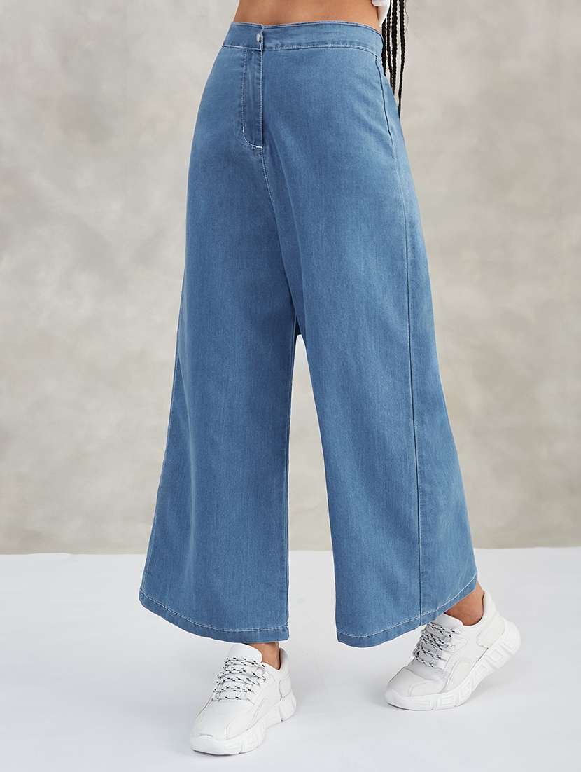 women solid high rise wide leg jeans