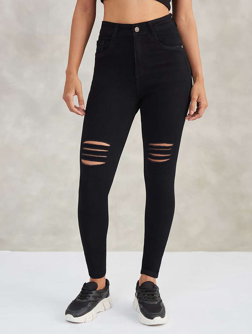 women slash knee high rise skinny jeans