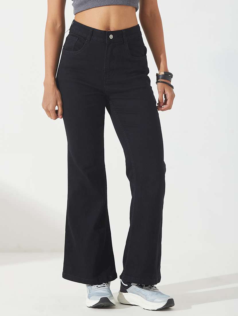 women solid high rise bootcut jeans