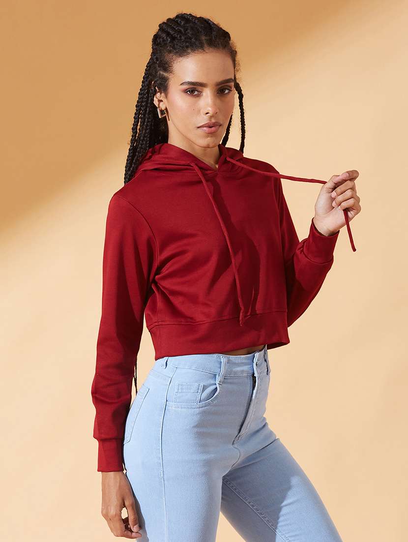 women solid long sleeve hooded crop sweatshirt - 22385241 -  Standard Image - 2