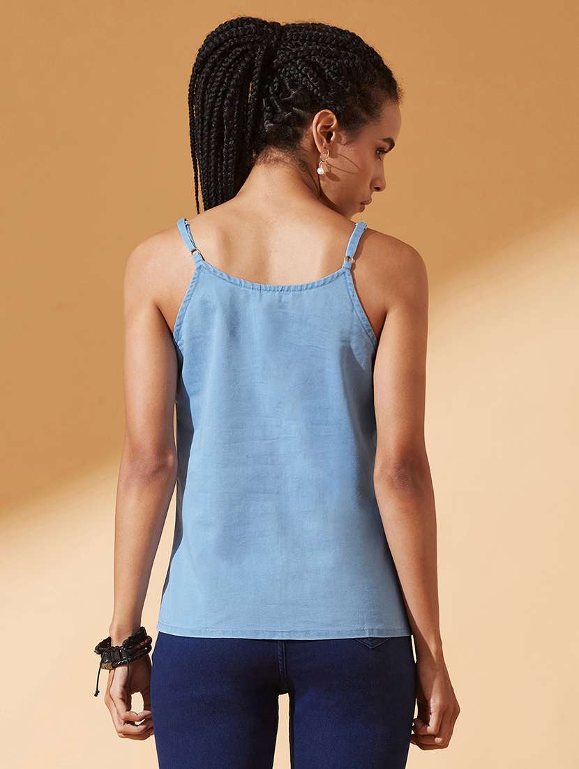women solid shoulder strap denim a-line top - 22385243 -  Standard Image - 2