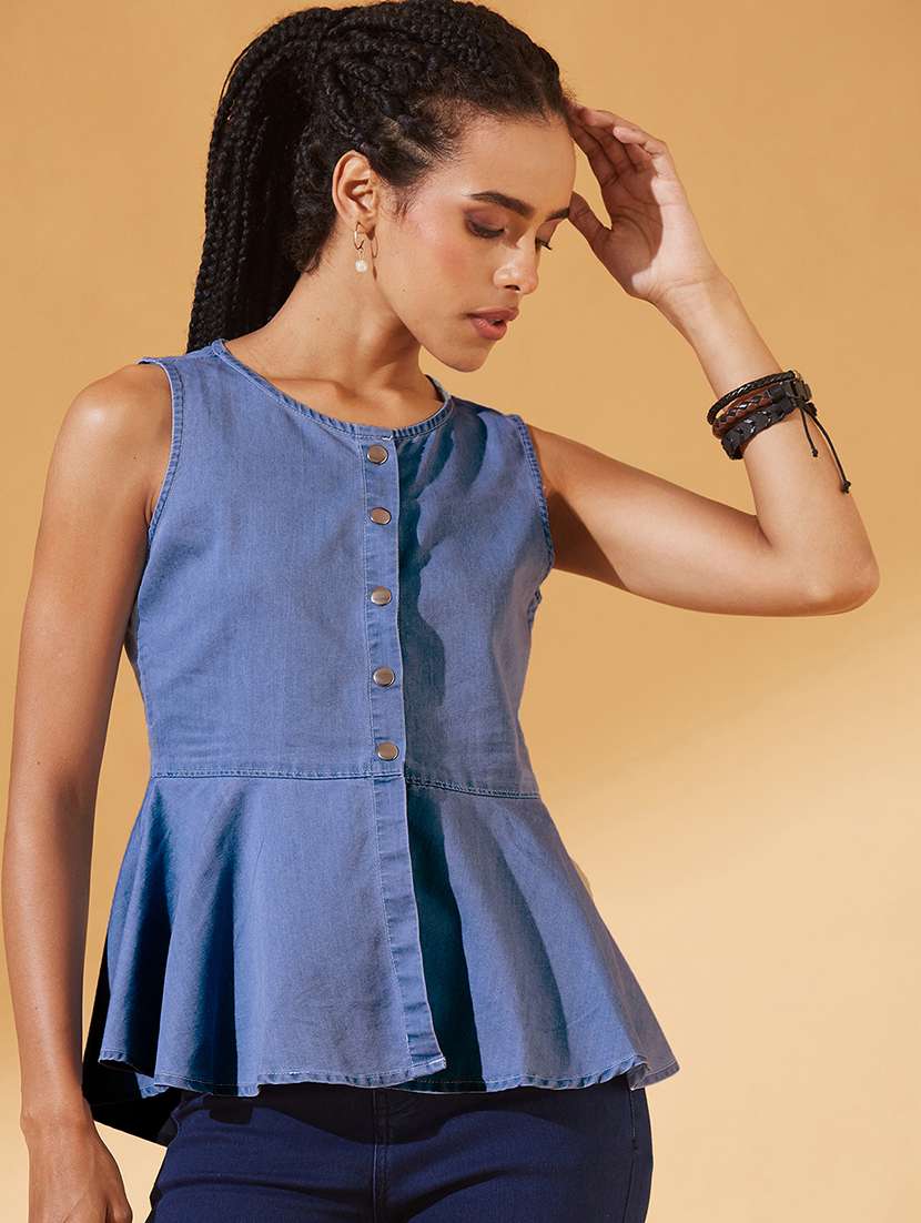 women solid sleeveless denim peplum top