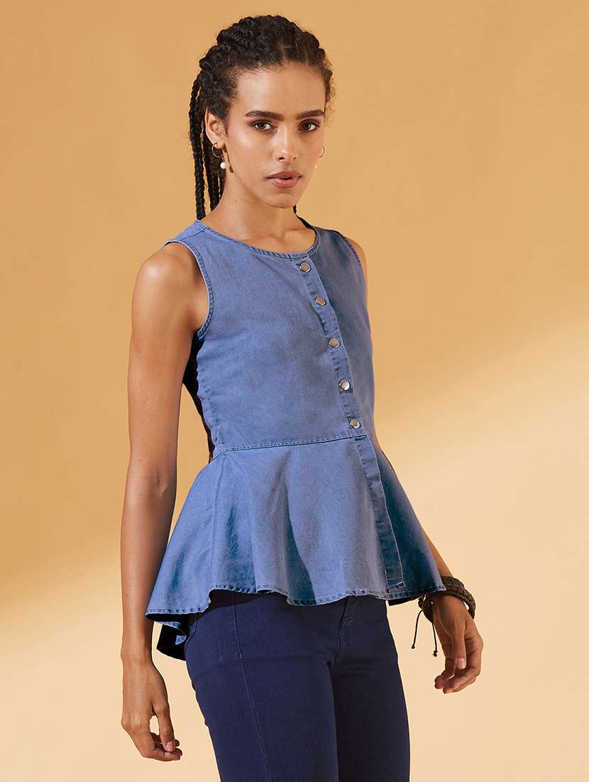 women solid sleeveless denim peplum top - 22385244 -  Standard Image - 2
