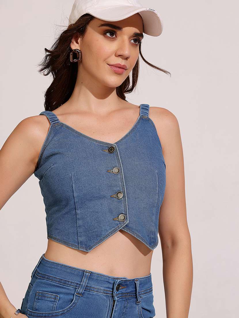 women solid sleeveless denim vest top - 22385245 -  Standard Image - 2
