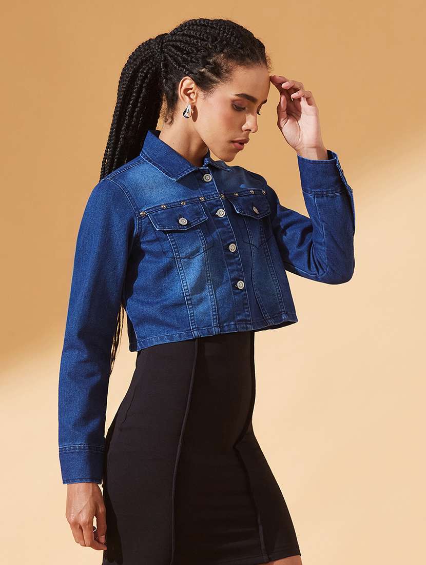 women solid long sleeve crop denim jacket - 22385249 -  Standard Image - 2