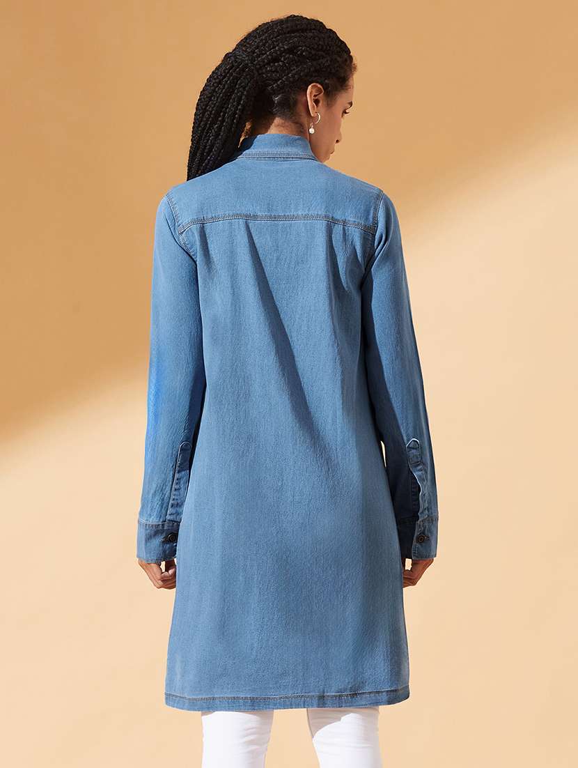 women solid collared long sleeve long denim jacket - 22385250 -  Standard Image - 2