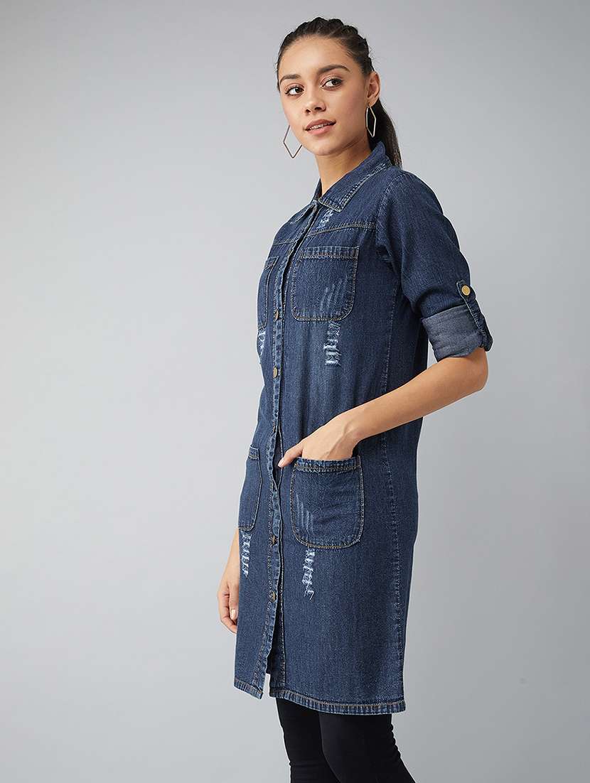 women distressed roll-up sleeve long denim jacket - 22385253 -  Standard Image - 2