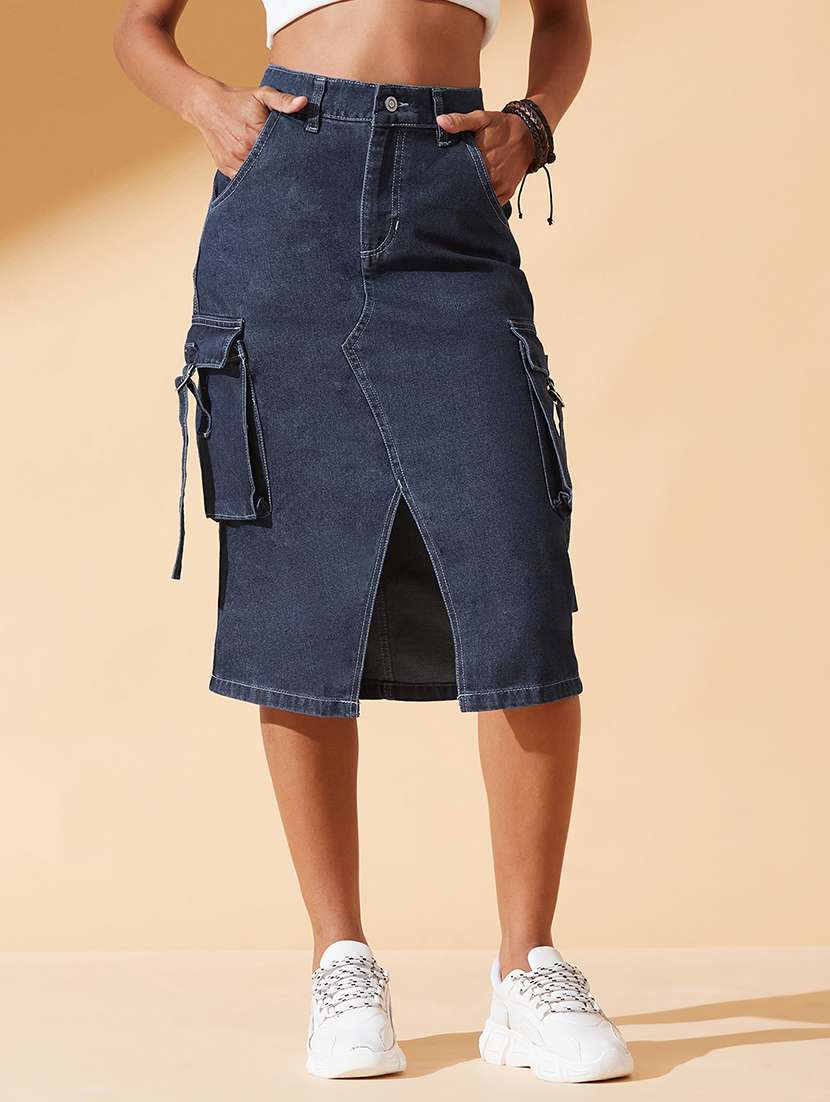 women solid high rise denim cargo skirt