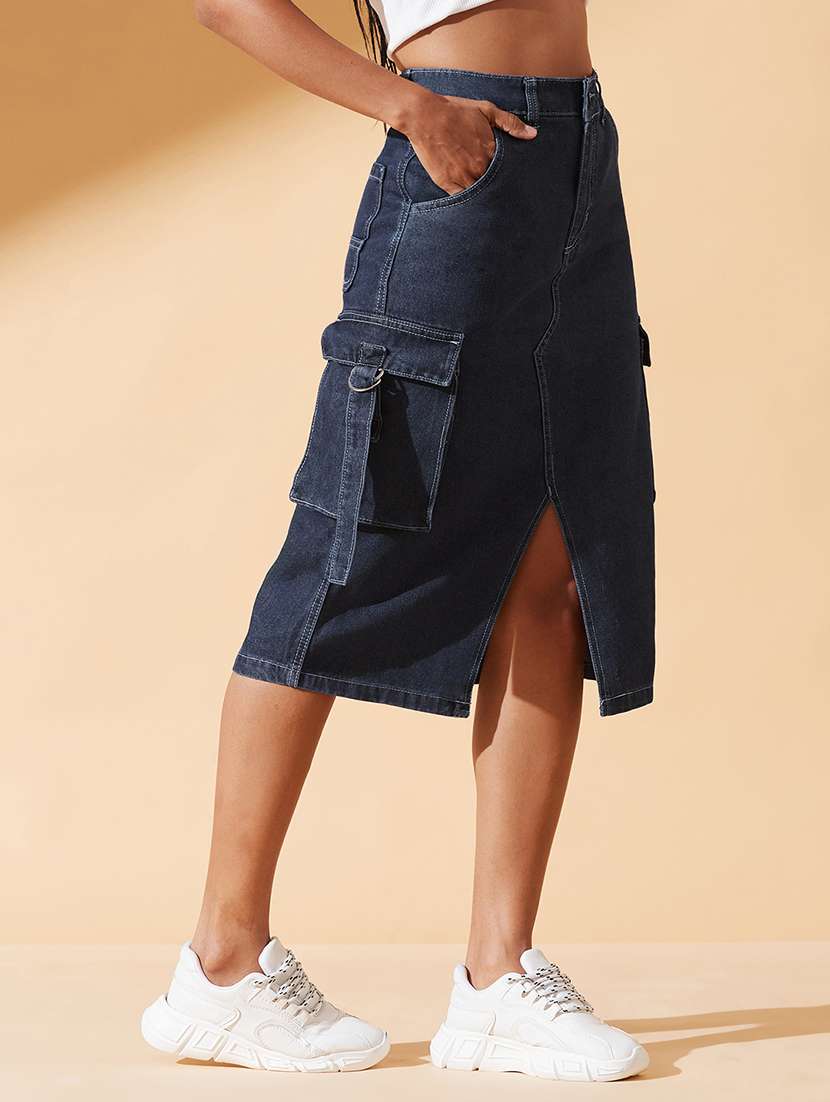 women solid high rise denim cargo skirt - 22385256 -  Standard Image - 2