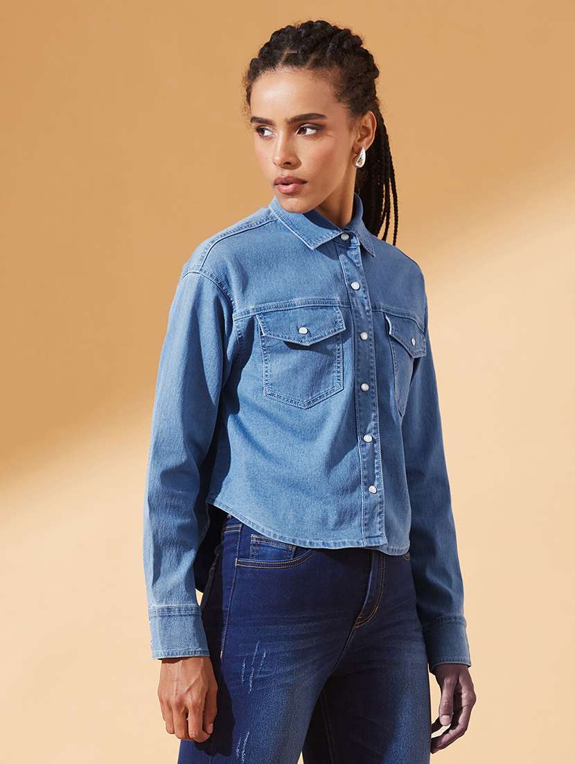 women solid collared long sleeve denim shirt - 22385272 -  Standard Image - 2