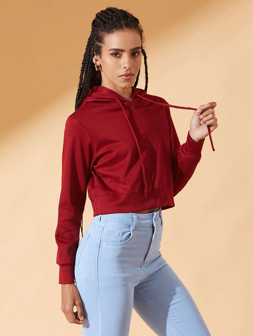 women solid long sleeve hooded crop sweatshirt - 22385273 -  Standard Image - 2