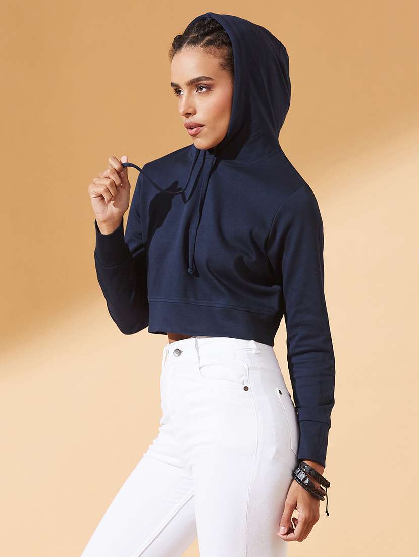 women solid long sleeve hooded crop sweatshirt - 22385274 -  Standard Image - 2