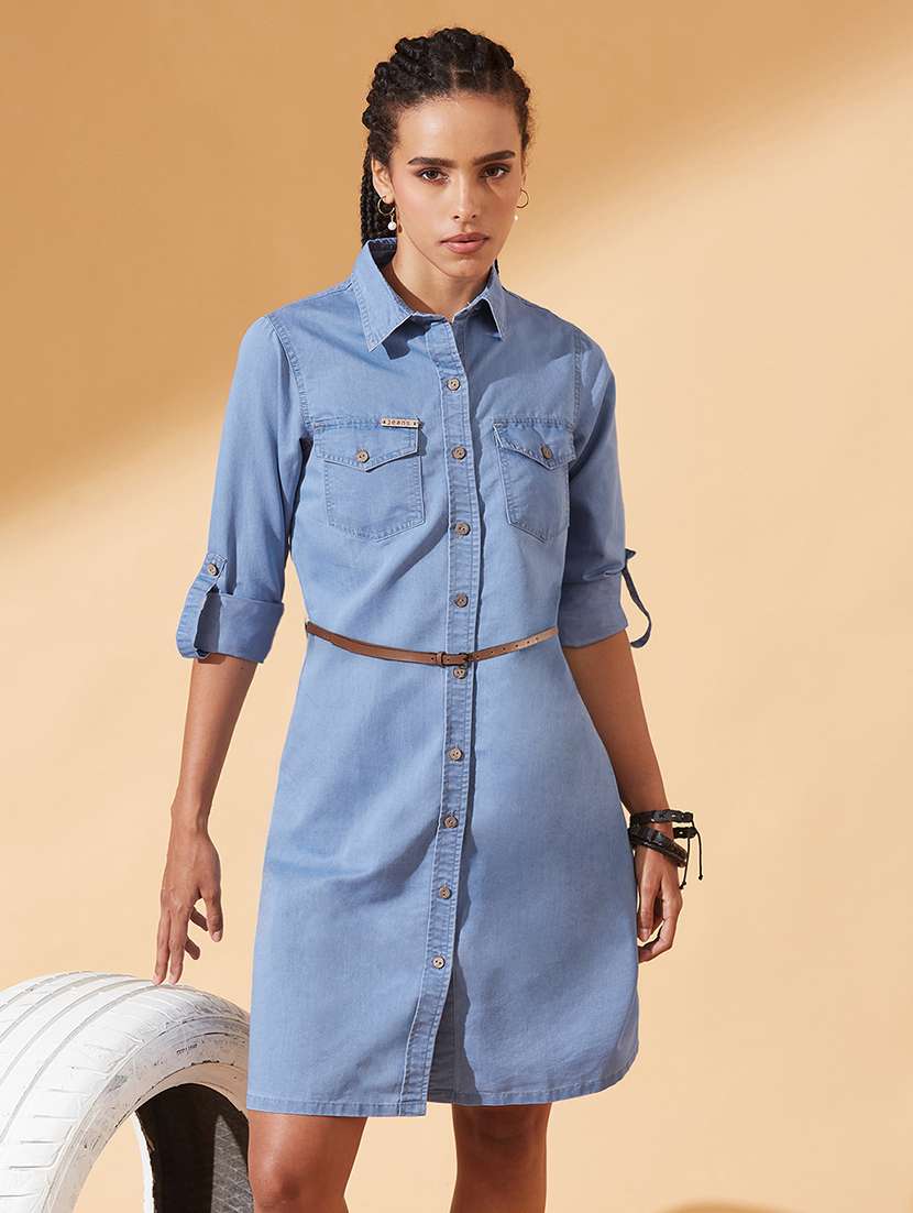 women solid collared denim shirt dress