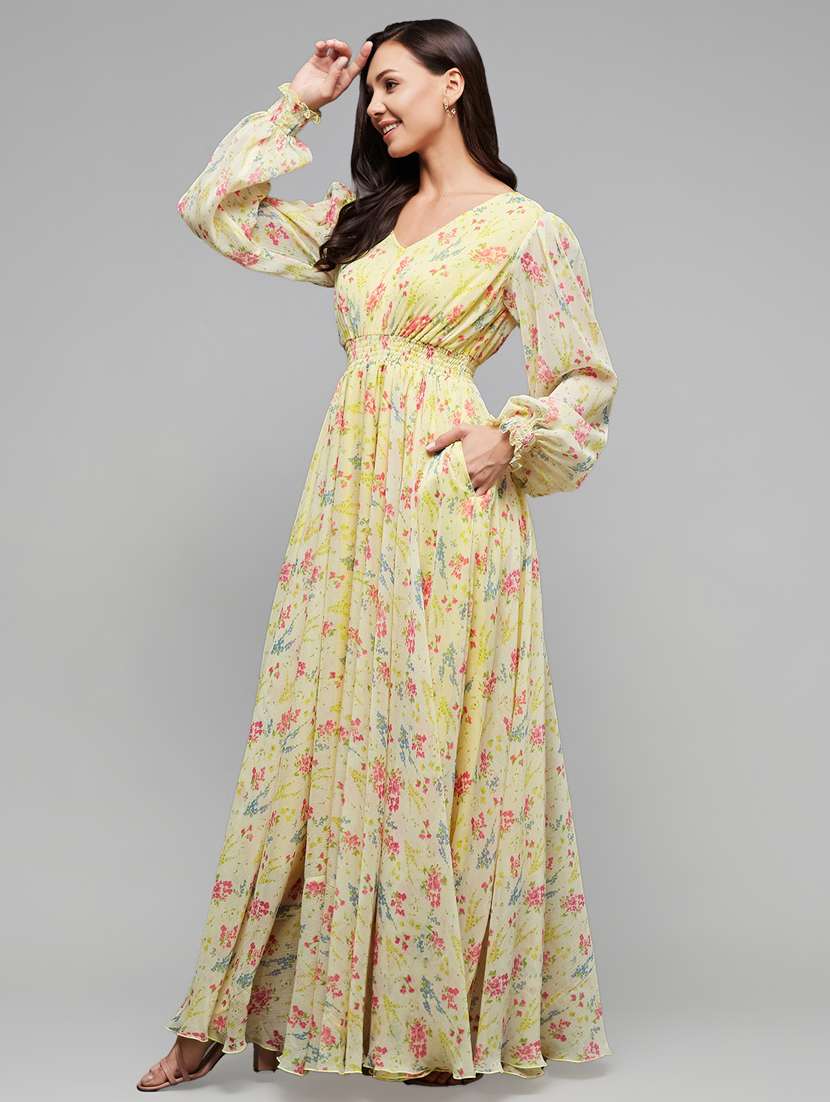 women floral print puff sleeve fit & flare dress