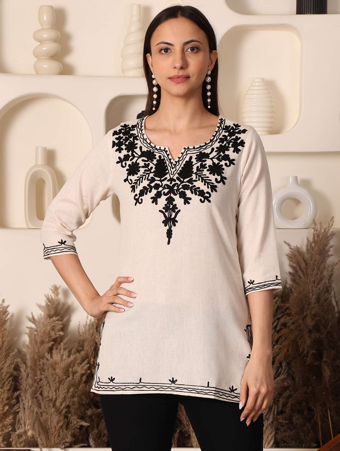 women solid with work three quarter sleeve straight kurti - 22385293 -  Standard Image - 2