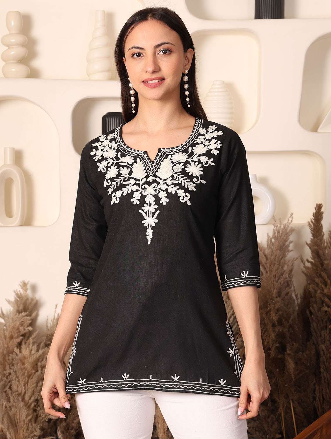 women solid with work three quarter sleeve straight kurti
