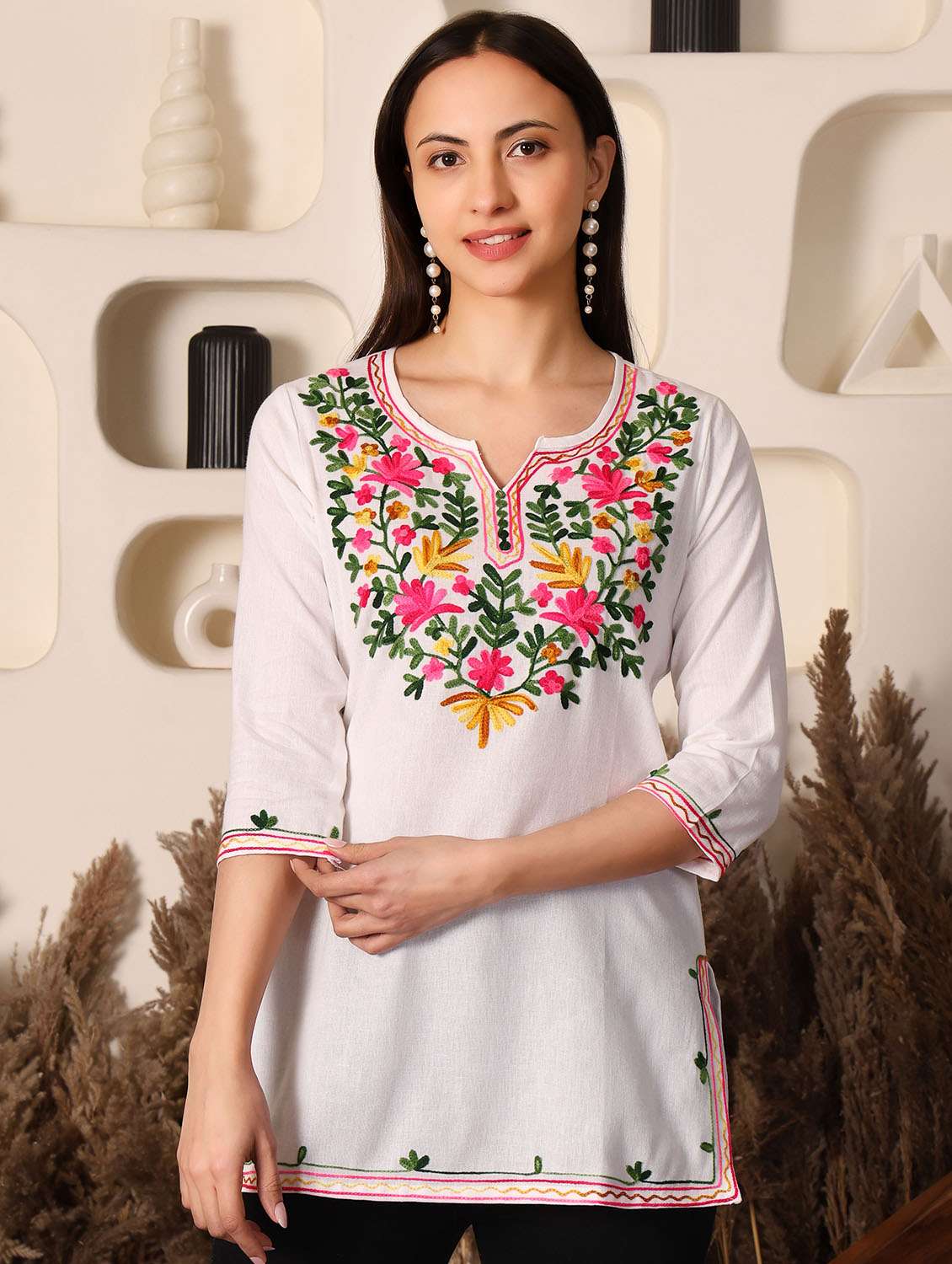 women solid with work three quarter sleeve straight kurti - 22385295 -  Standard Image - 2