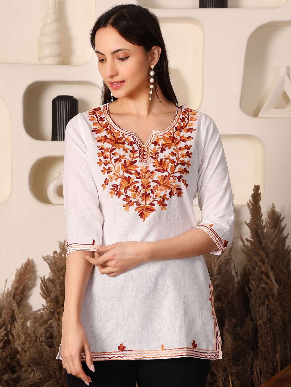 women solid with work three quarter sleeve straight kurti - 22385296 -  Standard Image - 2