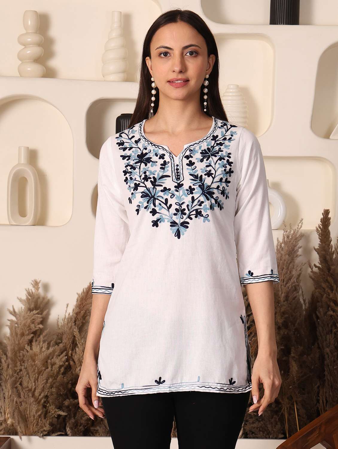 women solid with work three quarter sleeve straight kurti - 22385297 -  Standard Image - 2