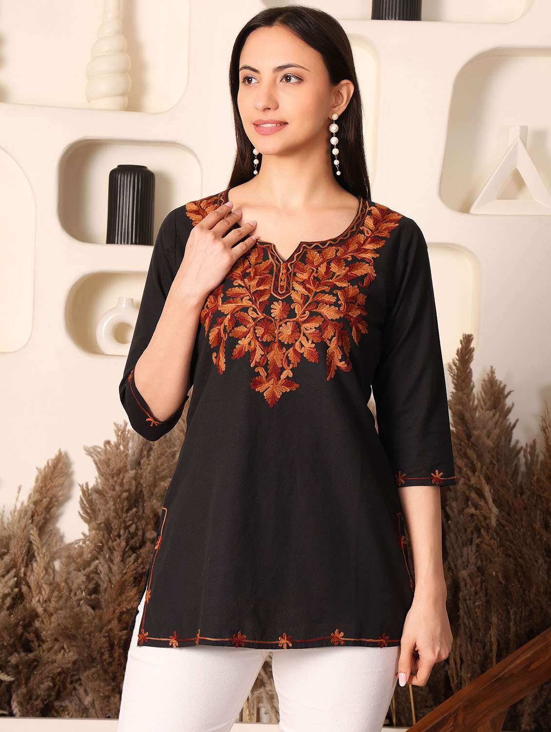 women solid with work three quarter sleeve straight kurti - 22385298 -  Standard Image - 2